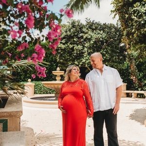 PinkBlush Red Lace Sleeve Maternity Maxi Dress M